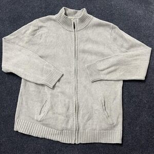 LL Bean Cardigan Sweater Mens Large Tall Gray Full Zip Cotton Mock Neck Knit